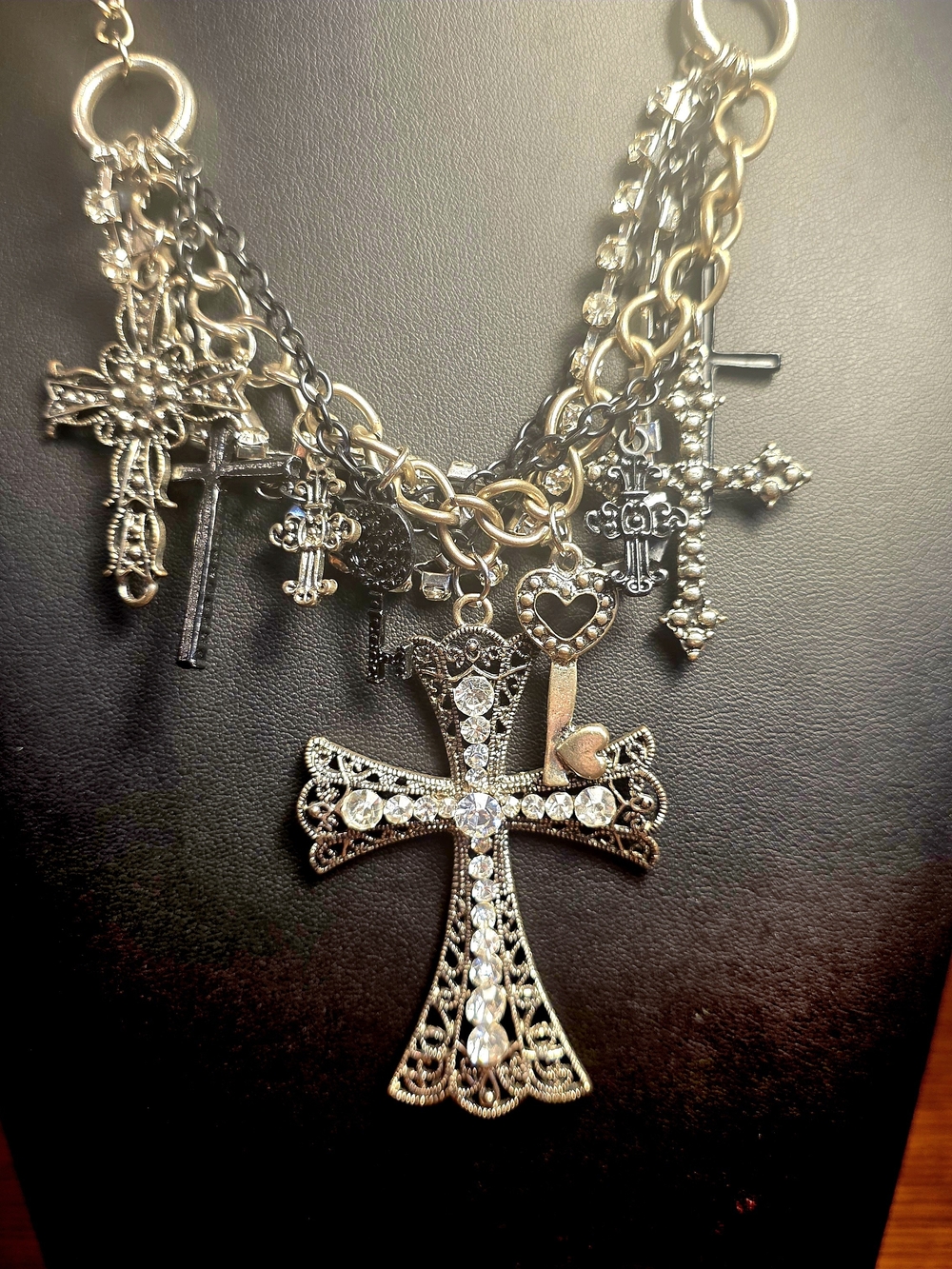 Cross Charm Necklace - Silver, Black, Rhinestone. Goth,Halloween, orFashion Diva